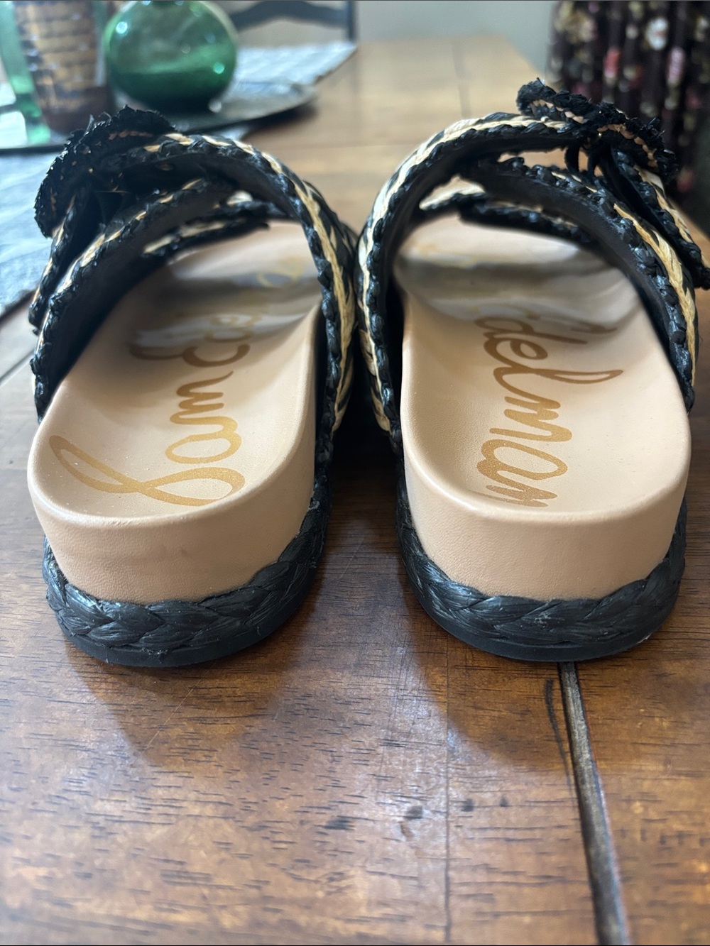 New Sam Edelman Black and Natural Woven Double-Buckle Slide Sandals - Picture 3 of 7